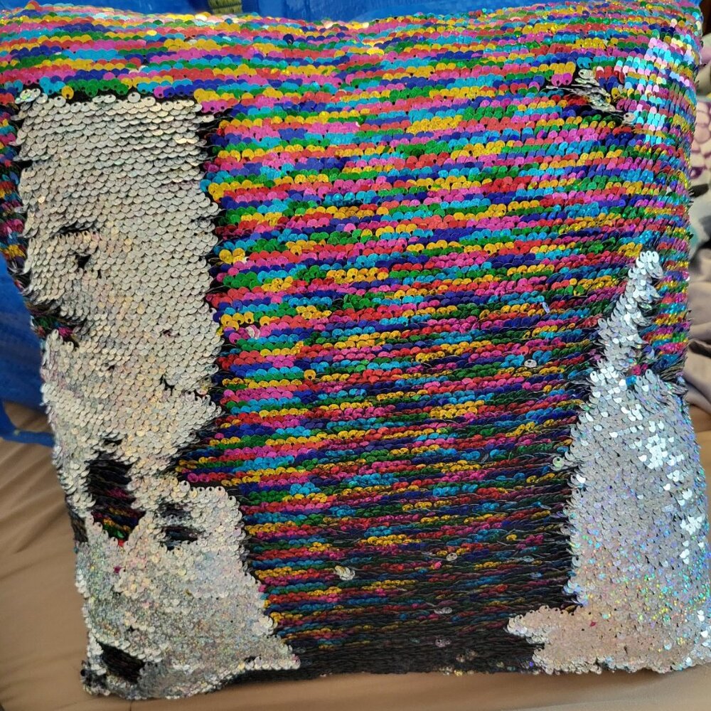 Rainbow sequined pillow